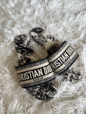 Dior Black and Cream Toile Logo Slide Sandals